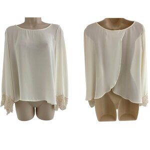 Lush‎ Ivory Creme Chiffon Split Back Tunic Blouse Top Size S Crocheted Sleeves